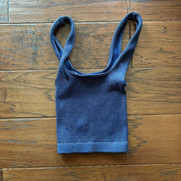 Free People Happiness Runs Square Neck Crop Tank M/L Navy Blue Lurex Sparkle - Picture 4 of 9
